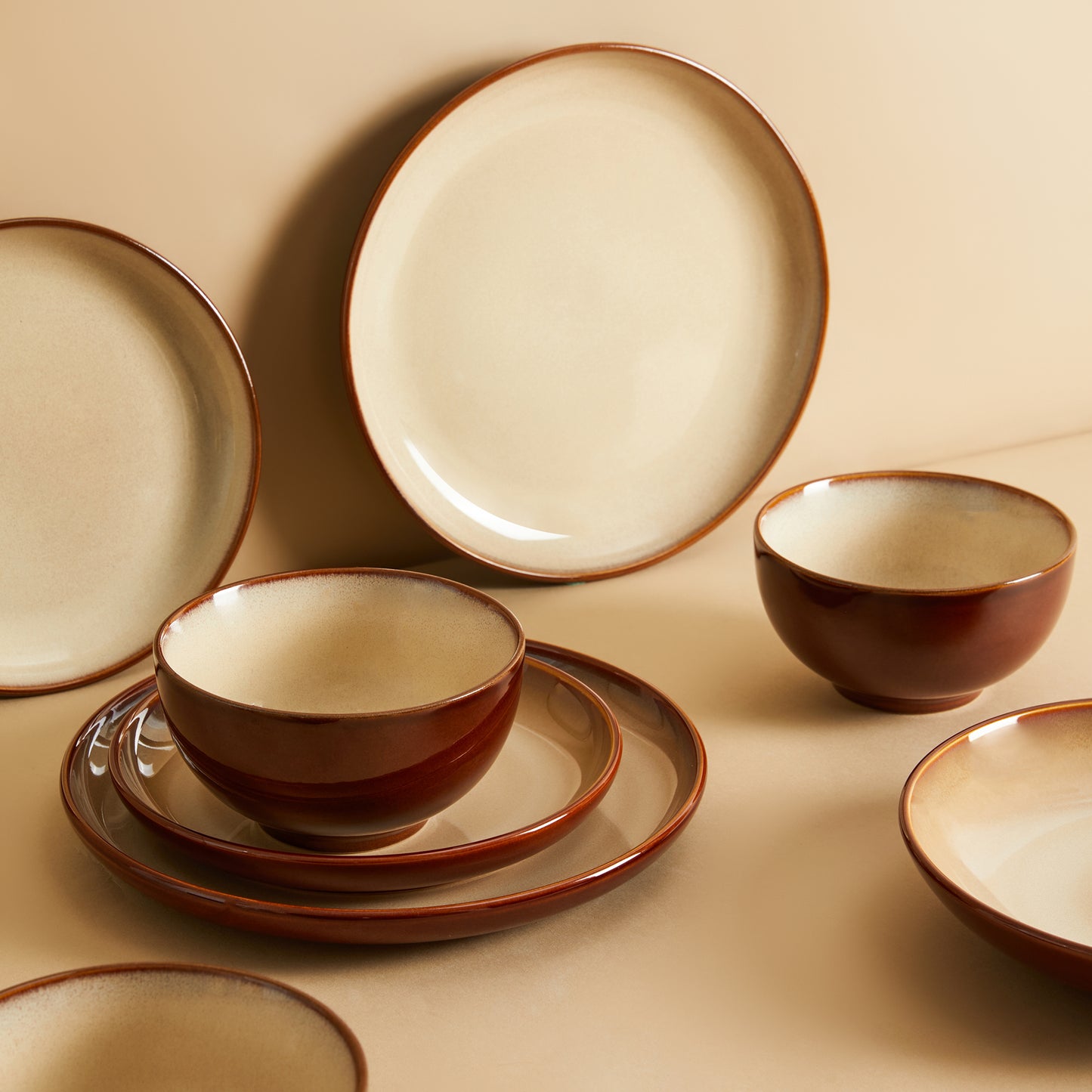 Pokini 16-Piece Stoneware Dinnerware Sets, Plates and Bowls Sets for 4, Dish Sets with Double Bowl,Brown Yellow