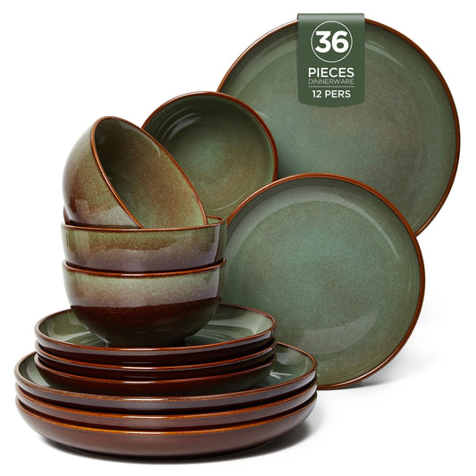 Pokini 36-Piece Stoneware Dinnerware Sets, Plates and Bowls Dish Sets for 12, Brown Green