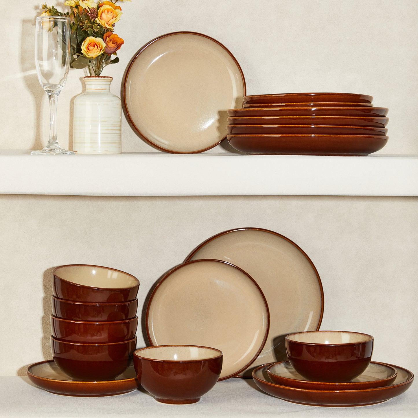 Plates and Bowls Set, POKINI 18 Pieces Stoneware Dinnerware Set, Microwave & Dishwasher Safe Dish Sets, Modern Ceramic Dinner Salad Plates | Cereal Bowls, Dishes Set for 6, Brown Yellow