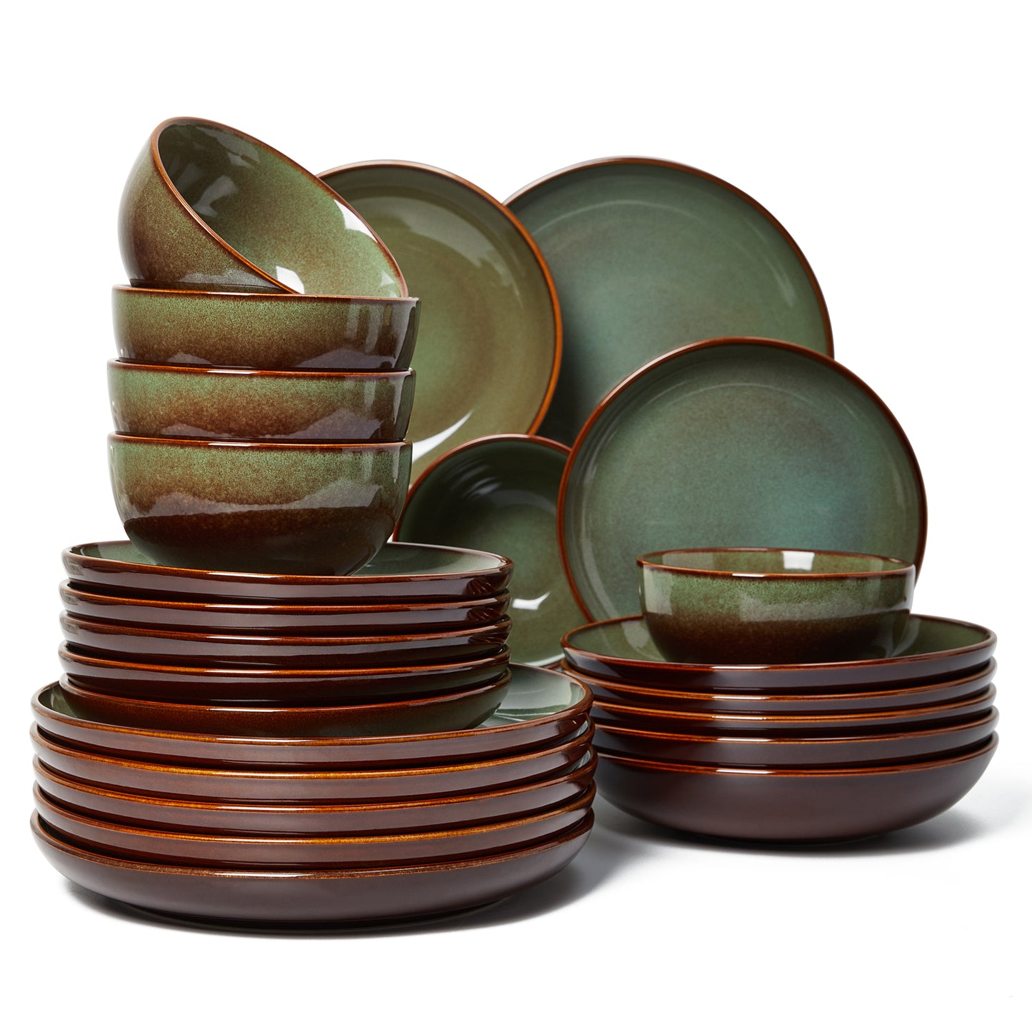 Stoneware Dinnerware Set for 6, POKINI 18 PCS Reactive Glaze Plates and Bowls Set, Handmade Ceramic Dishes Set, Highly Chip and Crack Resistant Modern Plate Set, Brown Green