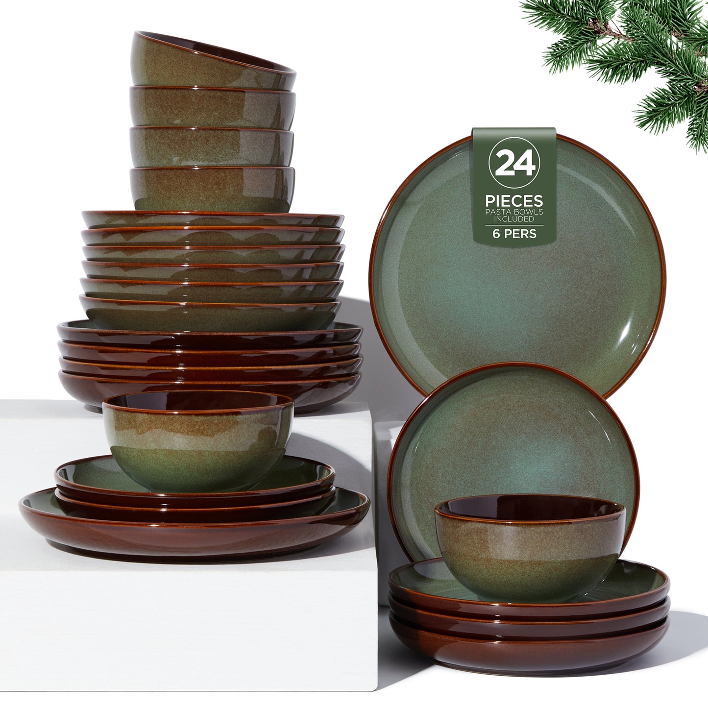 Plates and Bowls Set, POKINI 18 Pieces Ceramic Dishes Set, Handmade Reactive Glaze Dish Sets, Scratch Resistan Round Stoneware Dinnerware Set for 6, Dishwasher & Microwave Safe, Brown Green