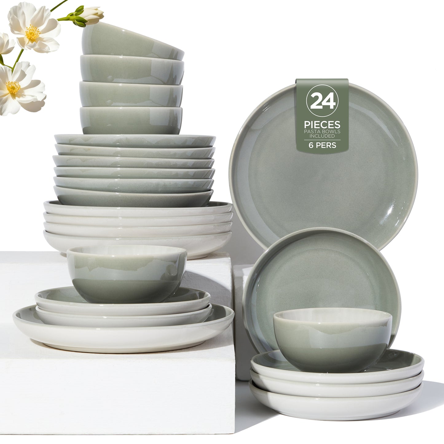 Dinnerware Set for 6, POKINI Ceramic Plates and Bowls Set, 18 PCS Handmade Reactive Glaze Dishes Set, Scratch Resistan Round Dish Sets, Dishwasher & Microwave Safe Stoneware Dinnerware Sets,Grey Green