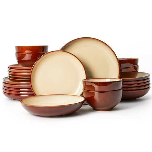 Pokini 24-Piece Stoneware Dinnerware Sets, Plates and Bowls Sets with Double Bowl,Ceramic dish sets service for 6,Brown Yellow
