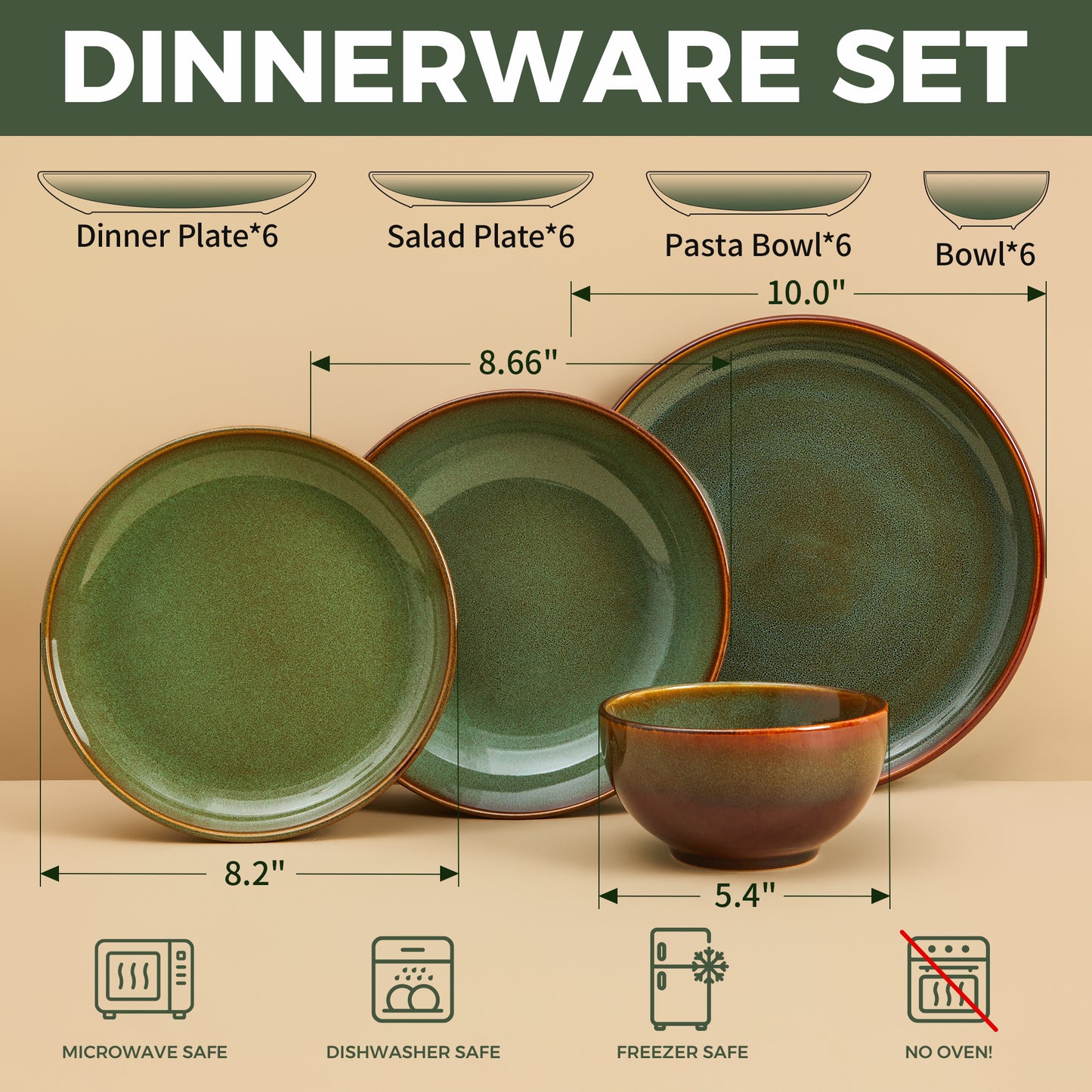 Pokini 24-Piece Stoneware Dinnerware Sets, Plates and Bowls Sets with Double Bowl,Ceramic dish sets service for 6,Brown Green