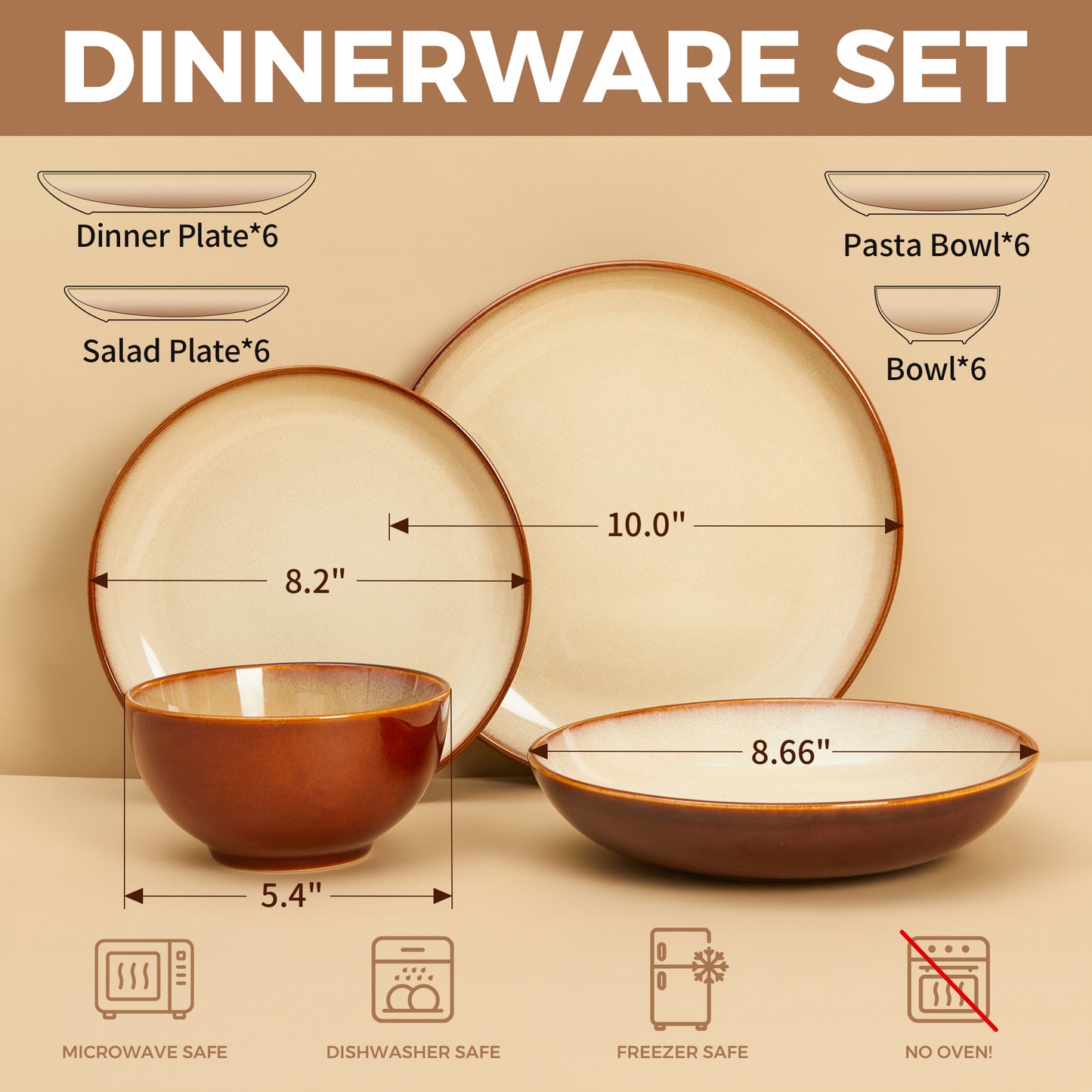 Pokini 24-Piece Stoneware Dinnerware Sets, Plates and Bowls Sets with Double Bowl,Ceramic dish sets service for 6,Brown Yellow