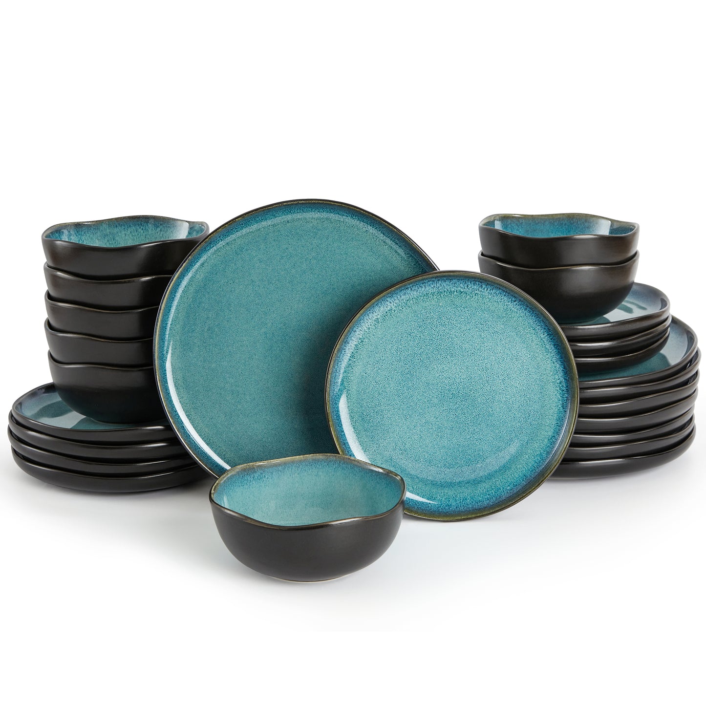 Pokini 24-Piece Stoneware Dinnerware Sets, Kitchen Plates and Bowls Sets, Dish Sets service for 8,Green Black
