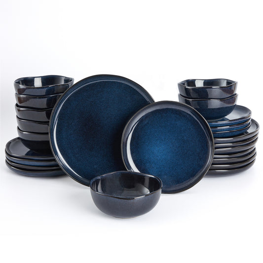 Pokini 24-Piece Stoneware Dinnerware Sets, Kitchen Plates and Bowls Sets, Dish Sets service for 8,Starry Blue