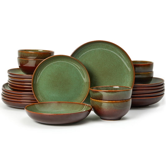 Pokini 24-Piece Stoneware Dinnerware Sets, Plates and Bowls Sets with Double Bowl,Ceramic dish sets service for 6,Brown Green