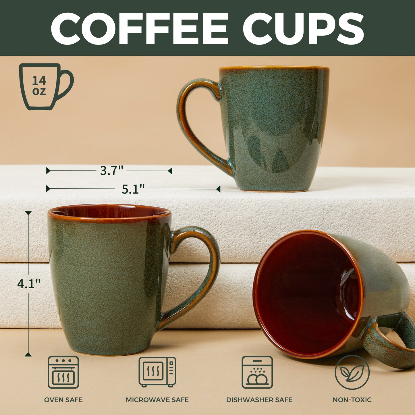 Coffee Mug 14 oz, Ceramic Coffee Mugs Set of 4, Reactive Glaze Mug for Latte/Tea/Cappuccino