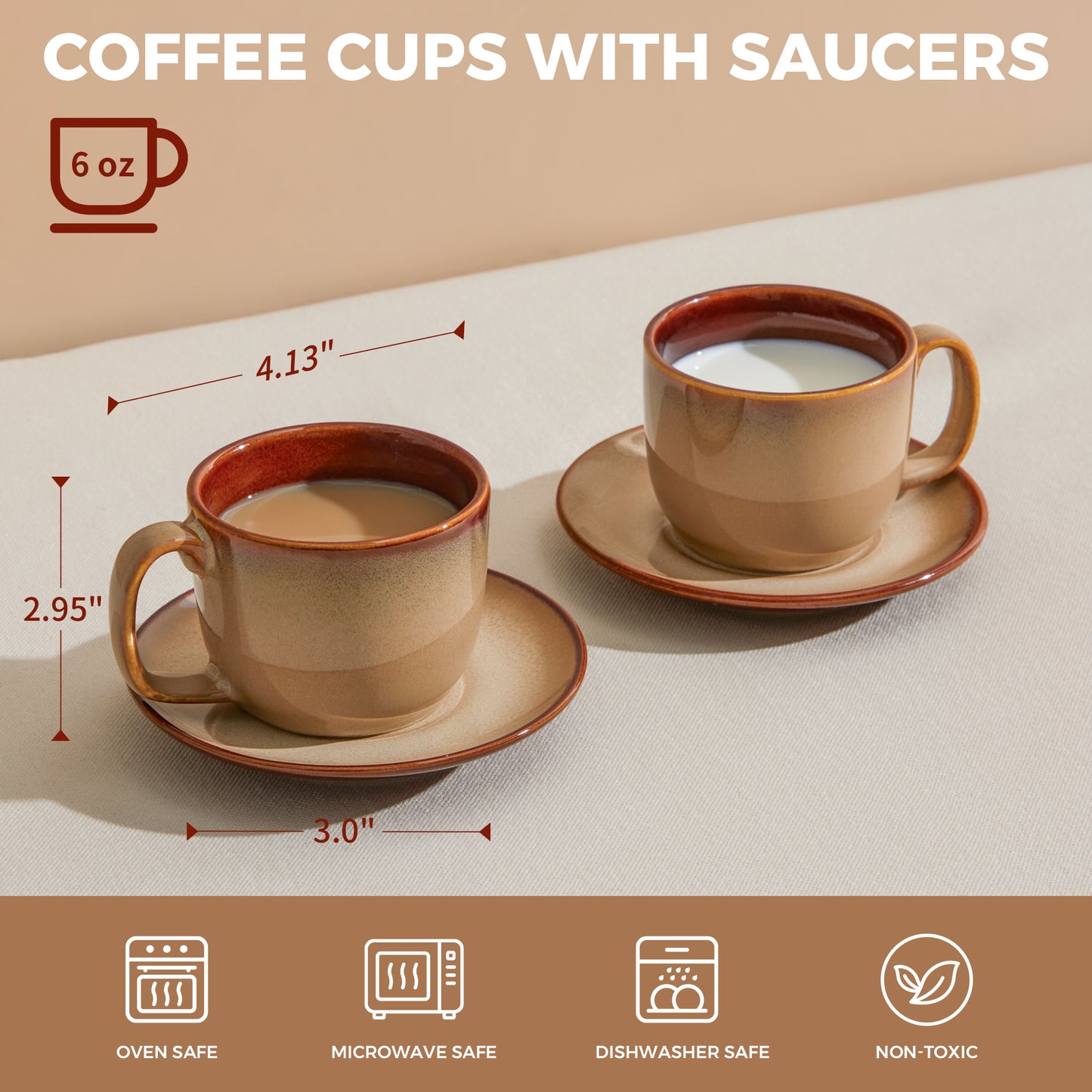 Pokini Stoneware Coffee Cups with Saucers, 6 Oz Cappuccino Cups Set of 4