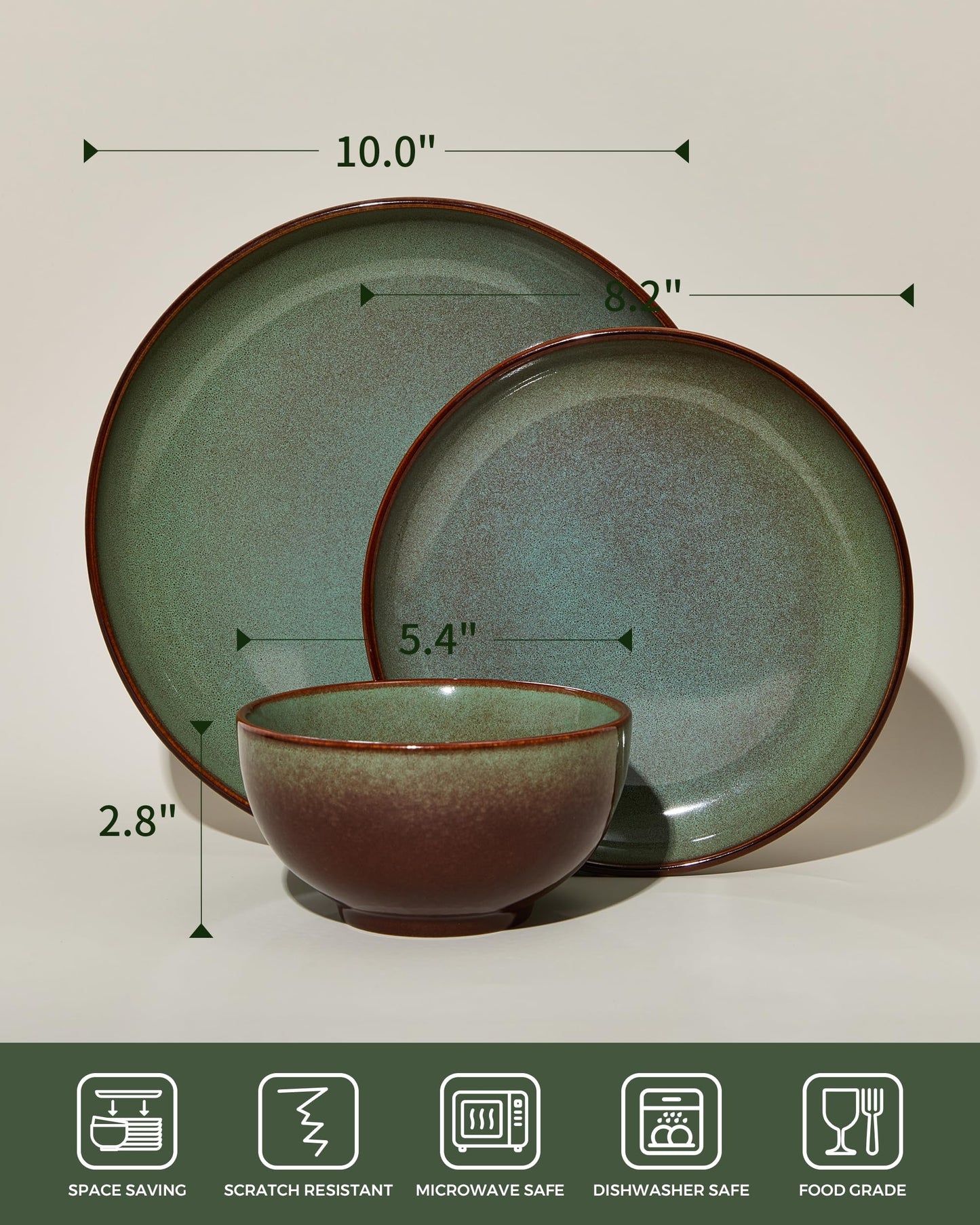 Pokini 36-Piece Stoneware Dinnerware Sets, Plates and Bowls Dish Sets for 12, Brown Green