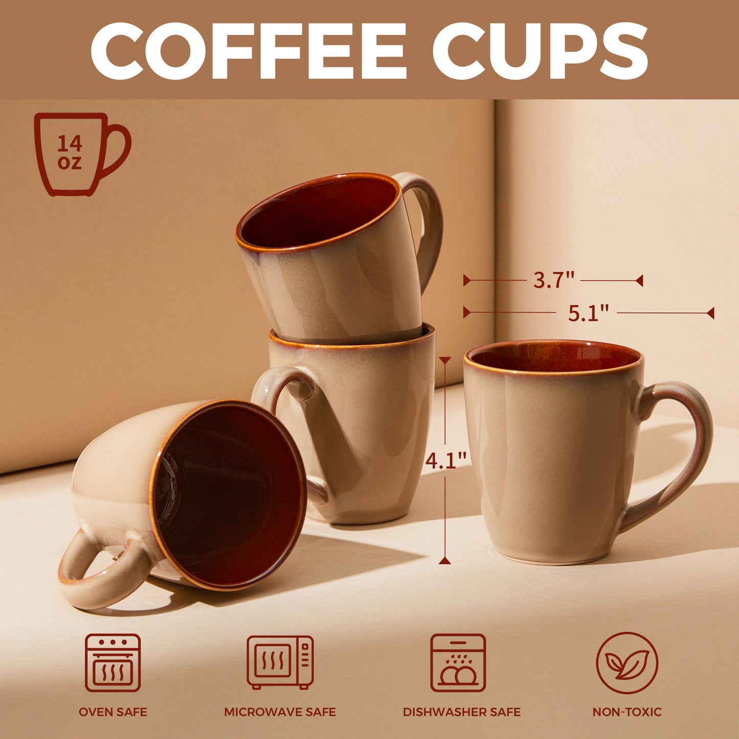 Coffee Mug 14 oz, Ceramic Coffee Mugs Set of 4, Reactive Glaze Mug for Latte/Tea/Cappuccino
