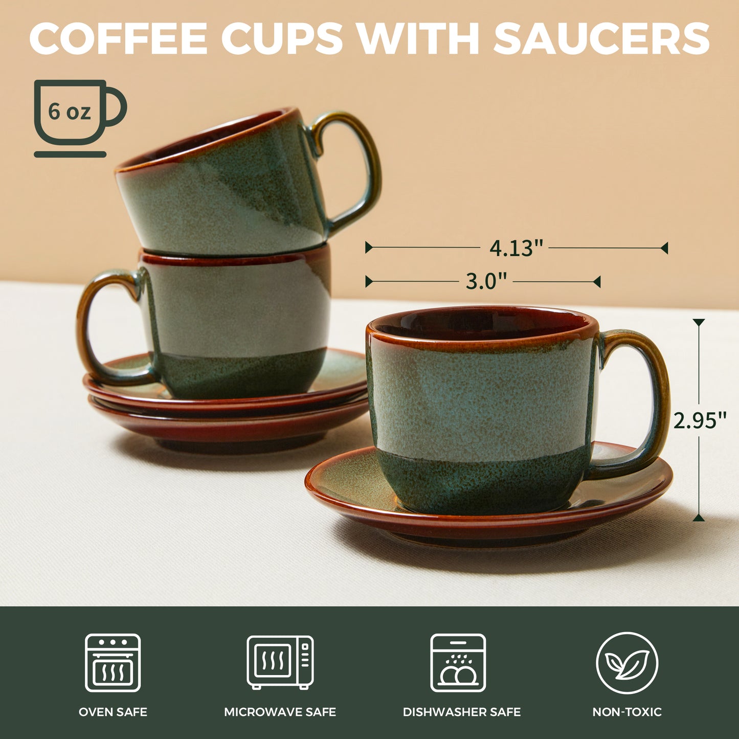 Pokini Stoneware Coffee Cups with Saucers, 6 Oz Cappuccino Cups Set of 4
