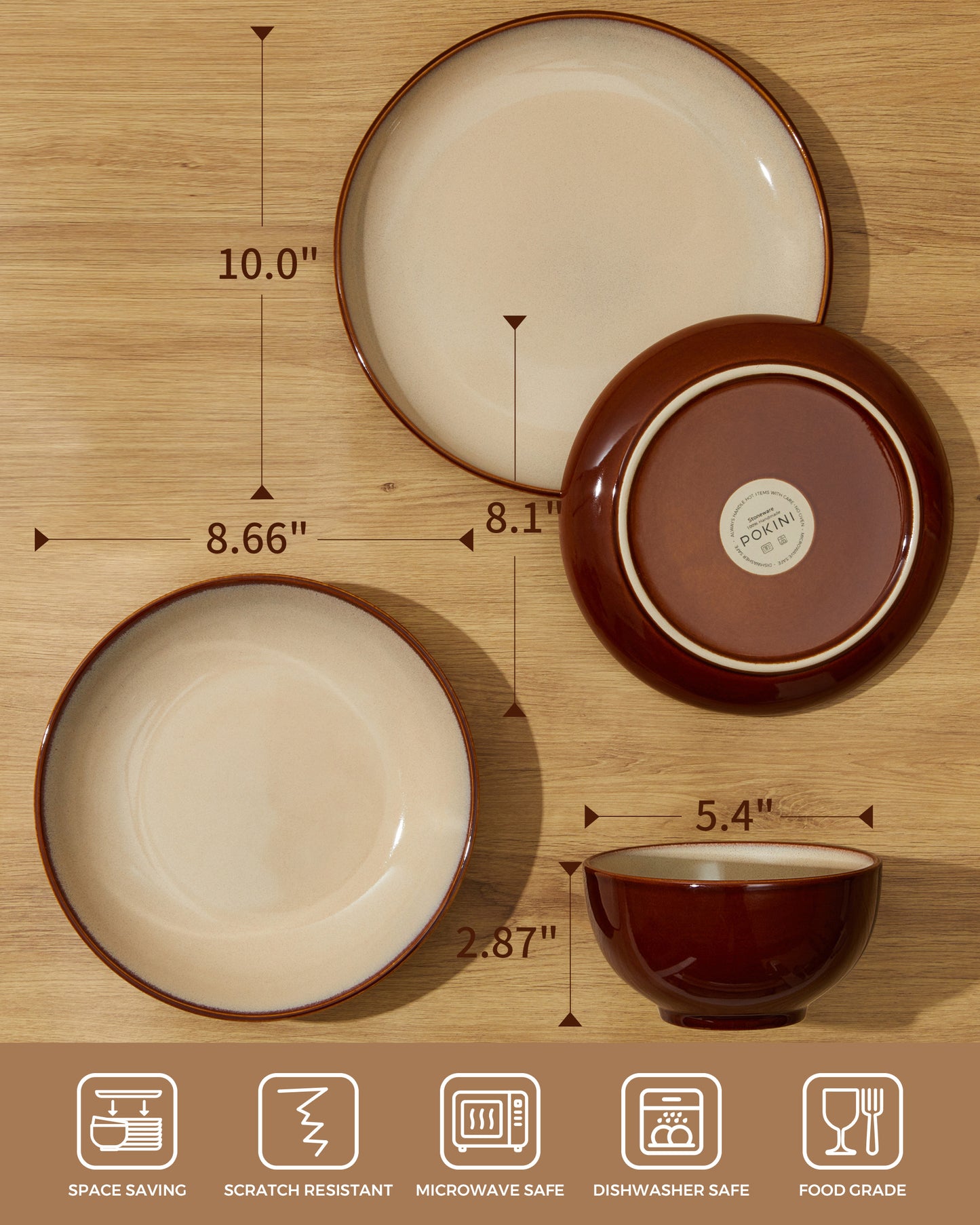 Plates and Bowls Set, POKINI 18 Pieces Stoneware Dinnerware Set, Microwave & Dishwasher Safe Dish Sets, Modern Ceramic Dinner Salad Plates | Cereal Bowls, Dishes Set for 6, Brown Yellow