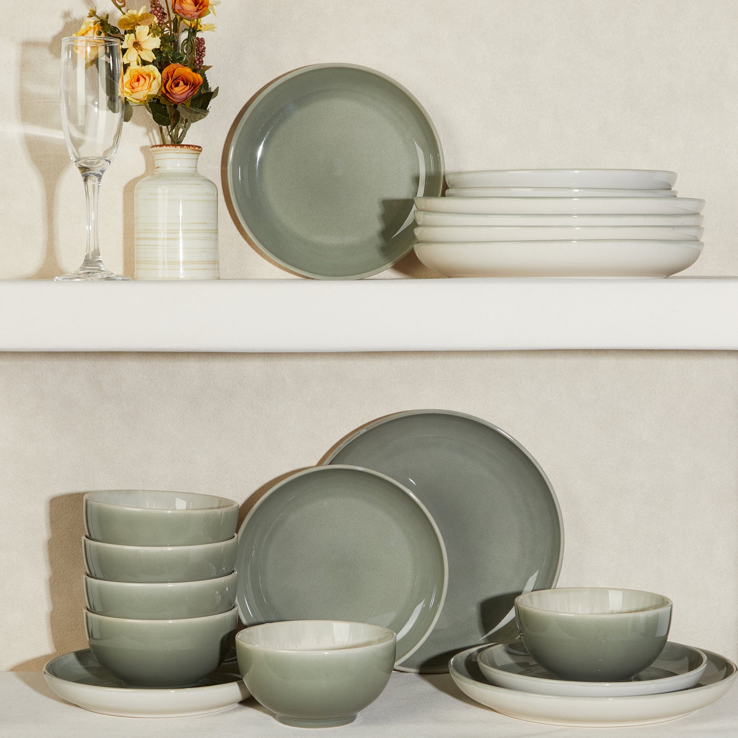 Dinnerware Set for 6, POKINI Ceramic Plates and Bowls Set, 18 PCS Handmade Reactive Glaze Dishes Set, Scratch Resistan Round Dish Sets, Dishwasher & Microwave Safe Stoneware Dinnerware Sets,Grey Green