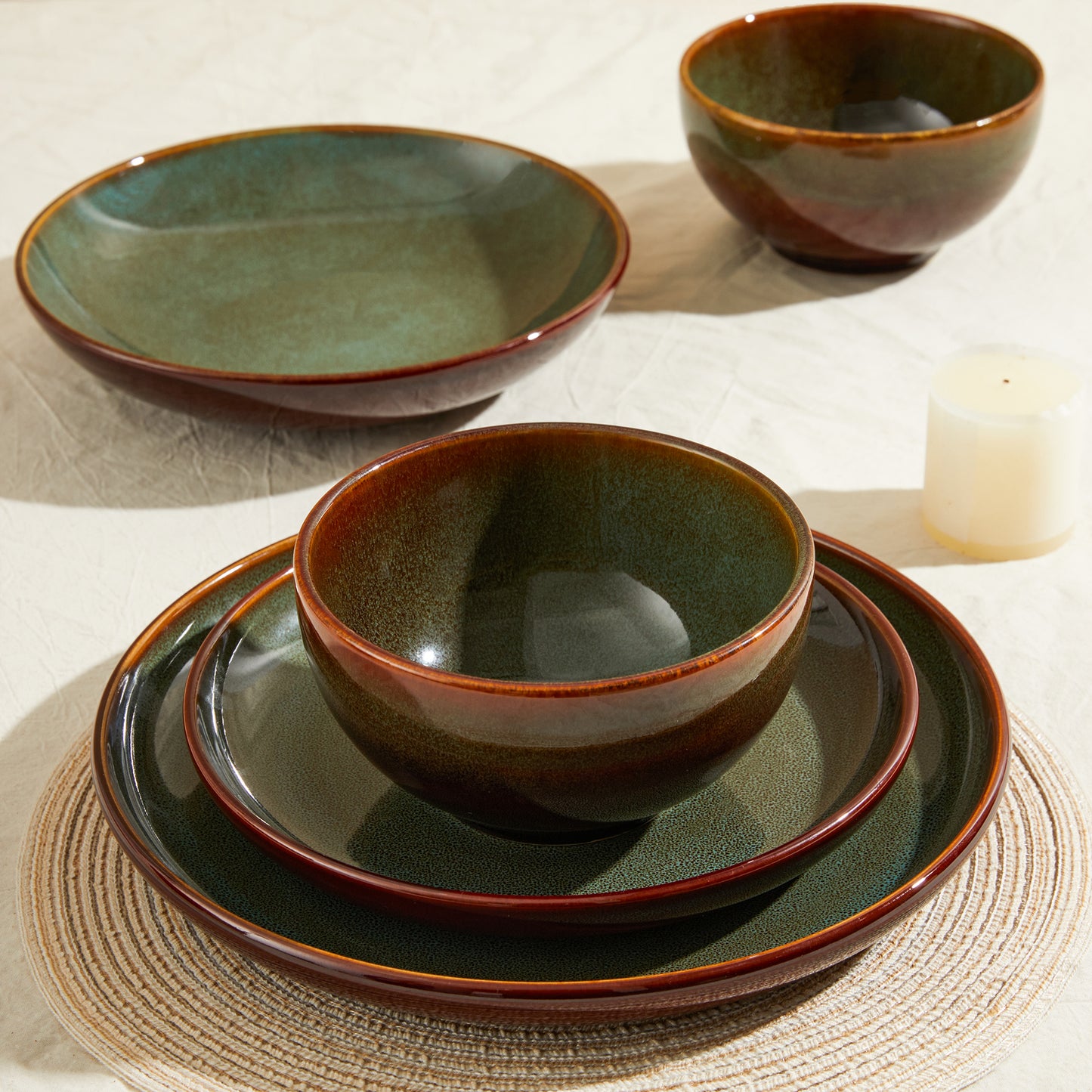 Pokini 16-Piece Stoneware Dinnerware Sets, Plates and Bowls Sets for 4, Dish Sets with Double Bowl,Brown Green