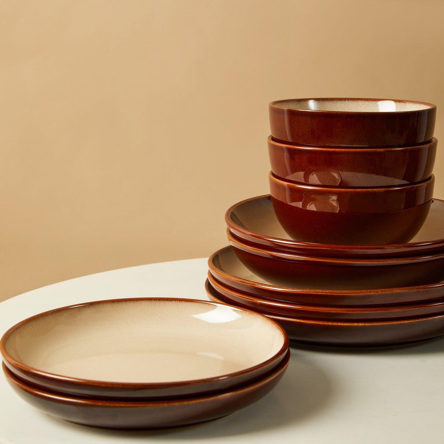 Pokini 16-Piece Stoneware Dinnerware Sets, Plates and Bowls Sets for 4, Dish Sets with Double Bowl,Brown Yellow