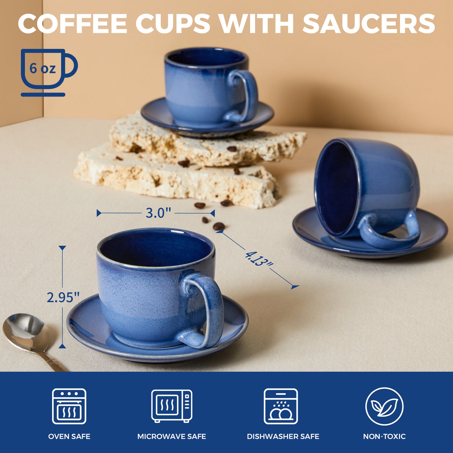 Pokini Stoneware Coffee Cups with Saucers, 6 Oz Cappuccino Cups Set of 4