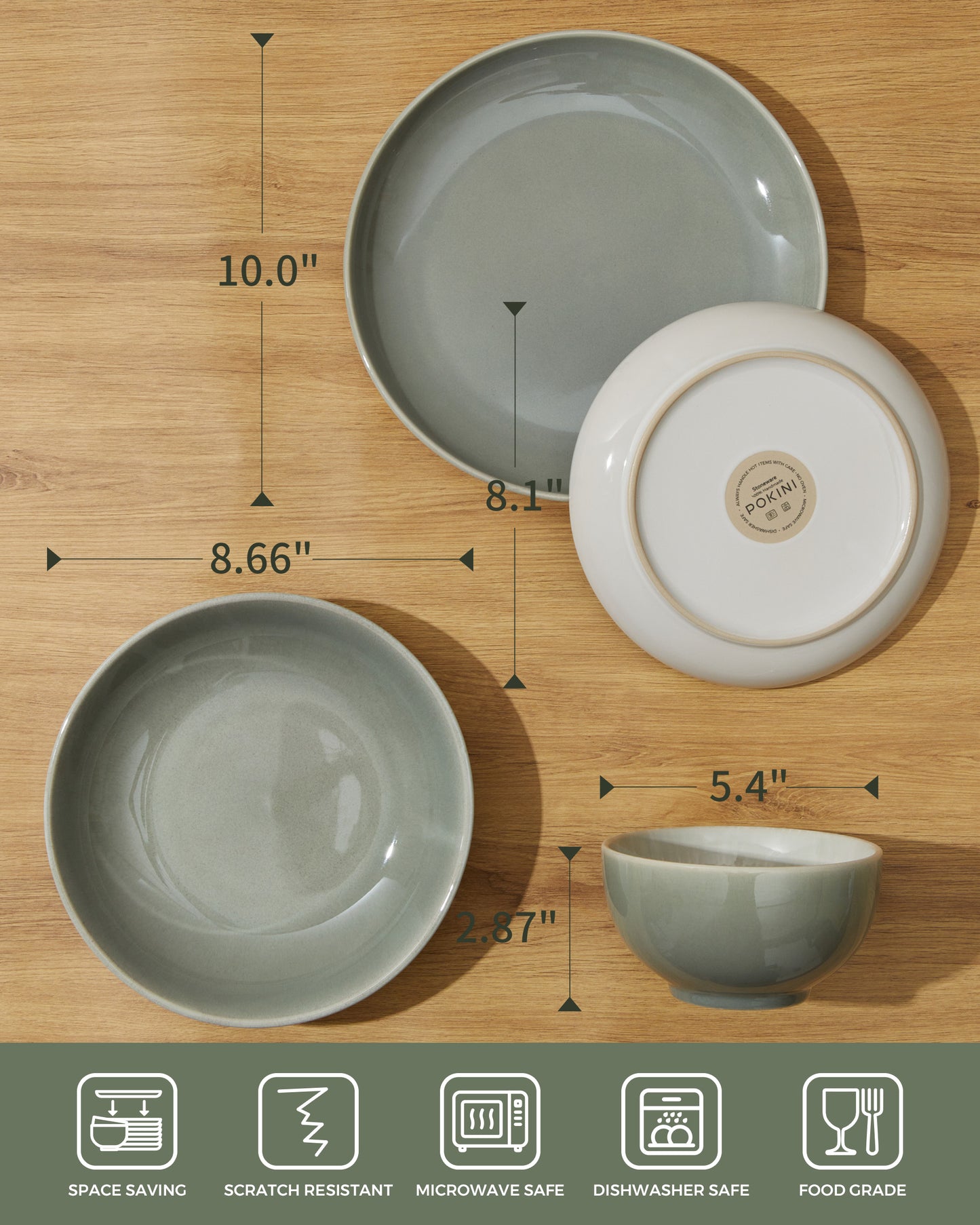 Dinnerware Set for 6, POKINI Ceramic Plates and Bowls Set, 18 PCS Handmade Reactive Glaze Dishes Set, Scratch Resistan Round Dish Sets, Dishwasher & Microwave Safe Stoneware Dinnerware Sets,Grey Green