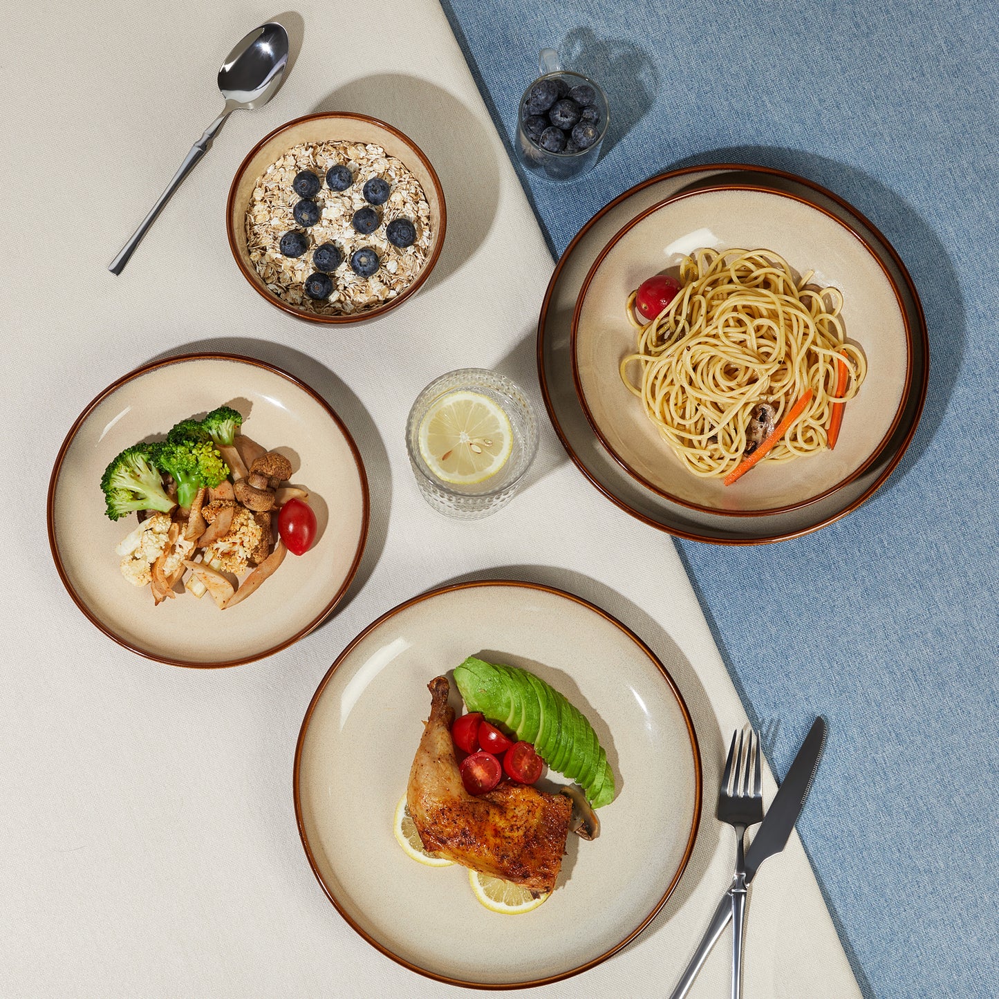 Plates and Bowls Set, POKINI 18 Pieces Stoneware Dinnerware Set, Microwave & Dishwasher Safe Dish Sets, Modern Ceramic Dinner Salad Plates | Cereal Bowls, Dishes Set for 6, Brown Yellow