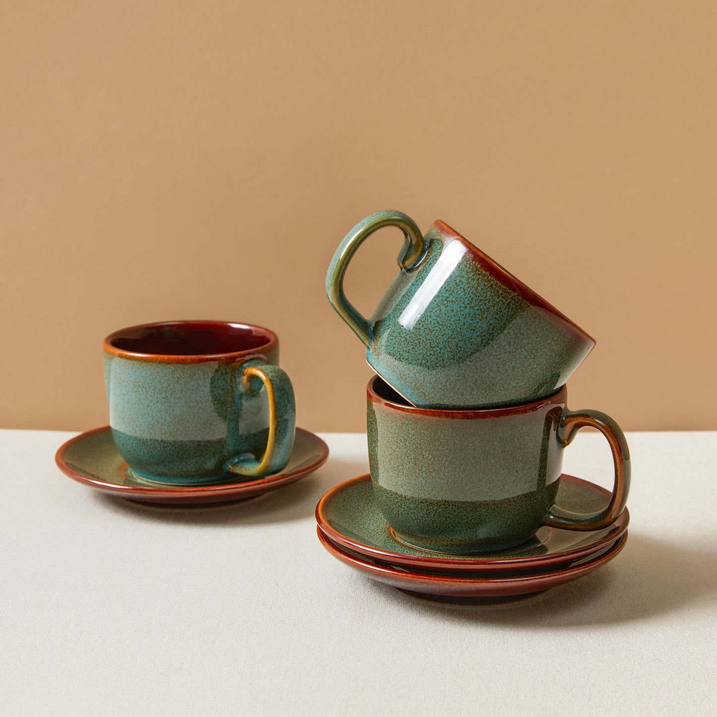 Pokini Stoneware Coffee Cups with Saucers, 6 Oz Cappuccino Cups Set of 4