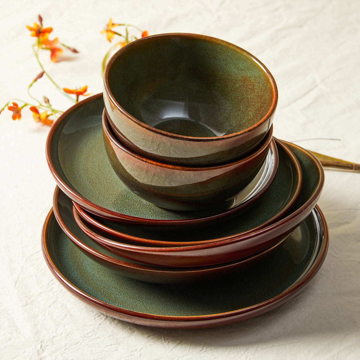 Pokini 24-Piece Stoneware Dinnerware Sets, Plates and Bowls Sets with Double Bowl,Ceramic dish sets service for 6,Brown Green