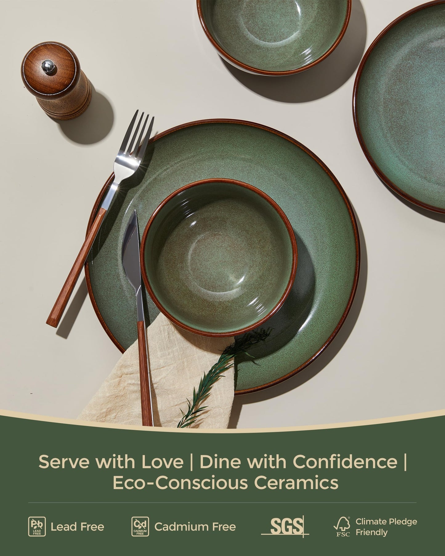 Pokini 36-Piece Stoneware Dinnerware Sets, Plates and Bowls Dish Sets for 12, Brown Green
