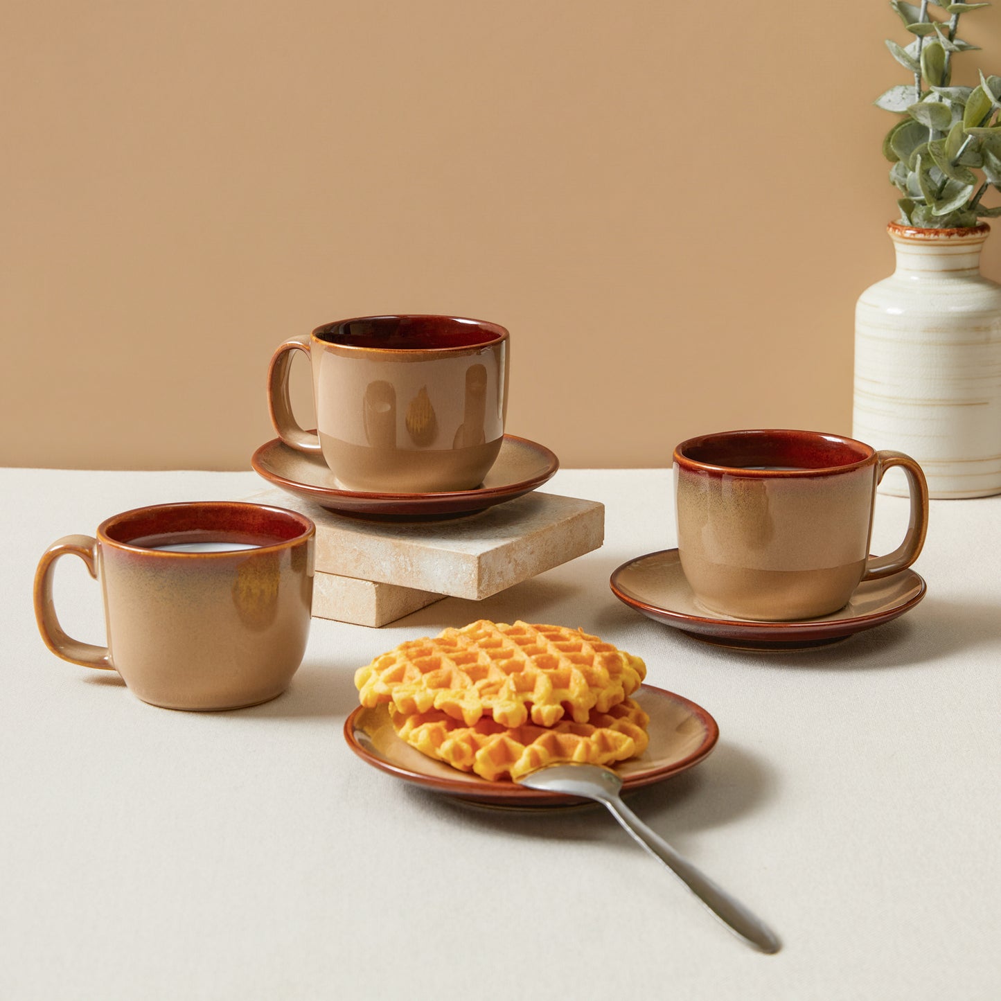 Pokini Stoneware Coffee Cups with Saucers, 6 Oz Cappuccino Cups Set of 4