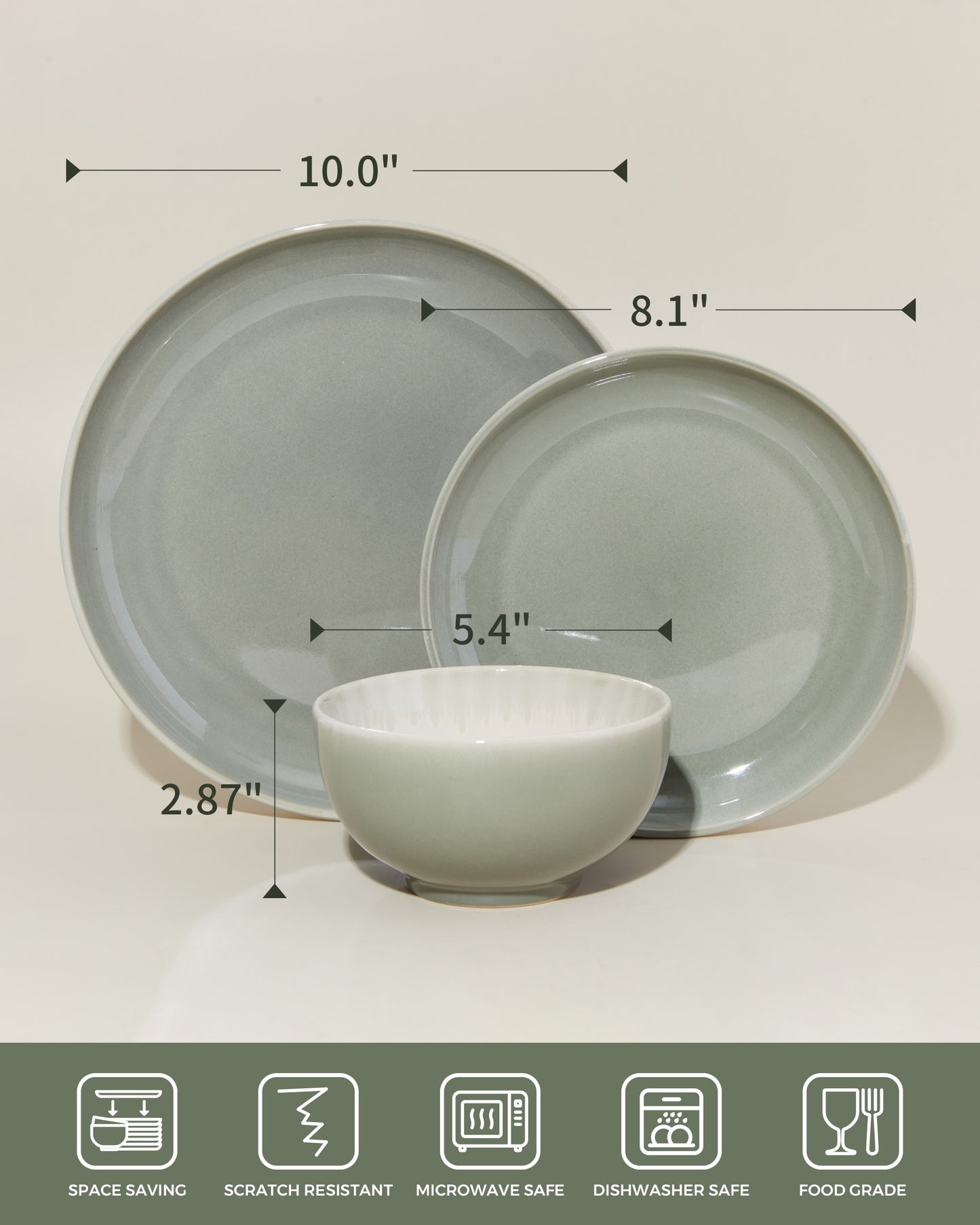 Dinnerware Set for 6, POKINI Ceramic Plates and Bowls Set, 18 PCS Handmade Reactive Glaze Dishes Set, Scratch Resistan Round Dish Sets, Dishwasher & Microwave Safe Stoneware Dinnerware Sets,Grey Green