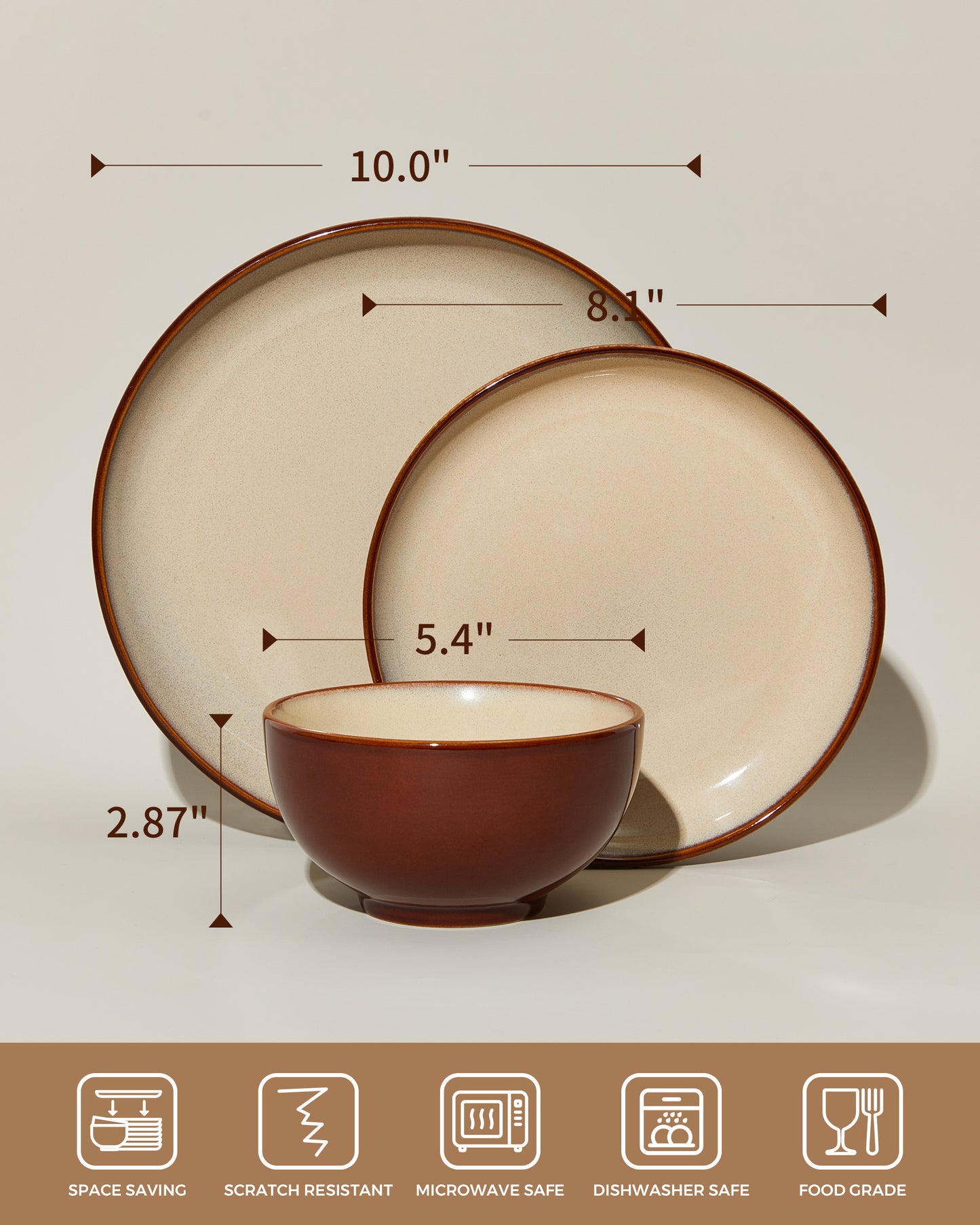 Plates and Bowls Set, POKINI 18 Pieces Stoneware Dinnerware Set, Microwave & Dishwasher Safe Dish Sets, Modern Ceramic Dinner Salad Plates | Cereal Bowls, Dishes Set for 6, Brown Yellow