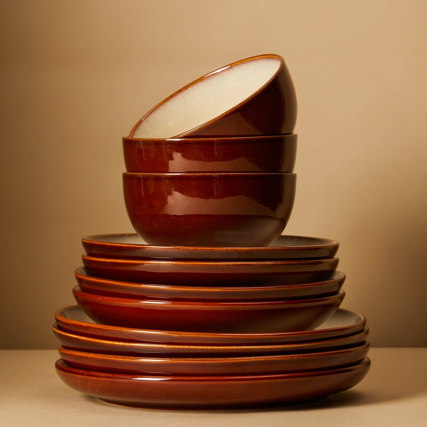 Pokini 24-Piece Stoneware Dinnerware Sets, Plates and Bowls Sets with Double Bowl,Ceramic dish sets service for 6,Brown Yellow