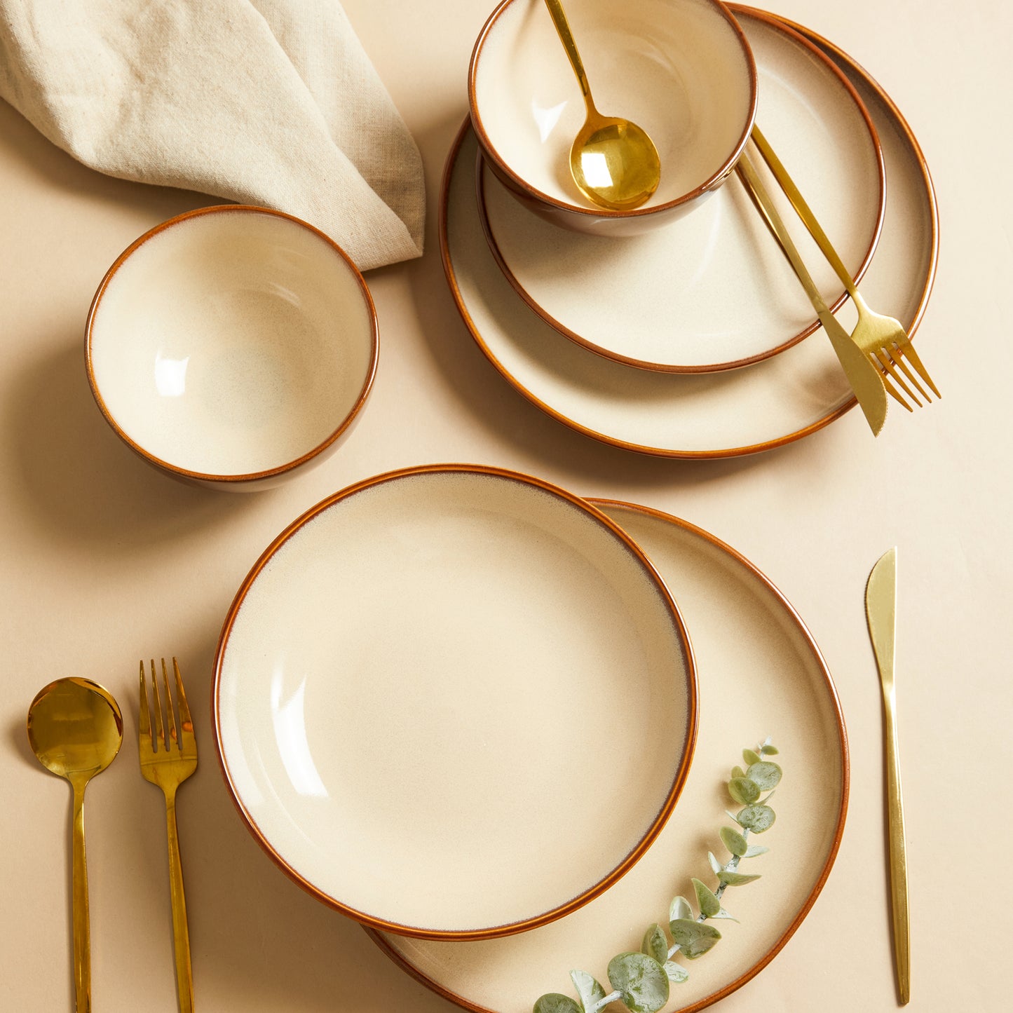 Pokini 16-Piece Stoneware Dinnerware Sets, Plates and Bowls Sets for 4, Dish Sets with Double Bowl,Brown Yellow
