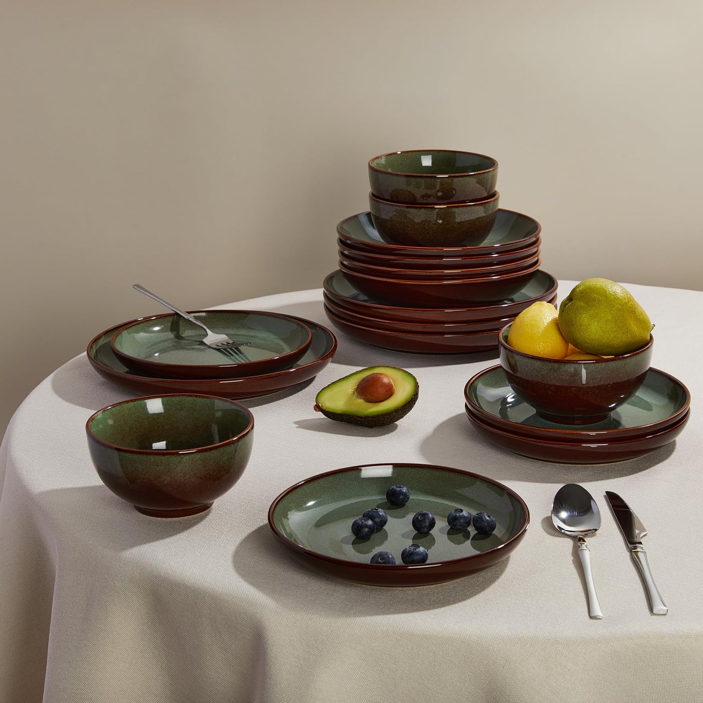 Pokini 36-Piece Stoneware Dinnerware Sets, Plates and Bowls Dish Sets for 12, Brown Green