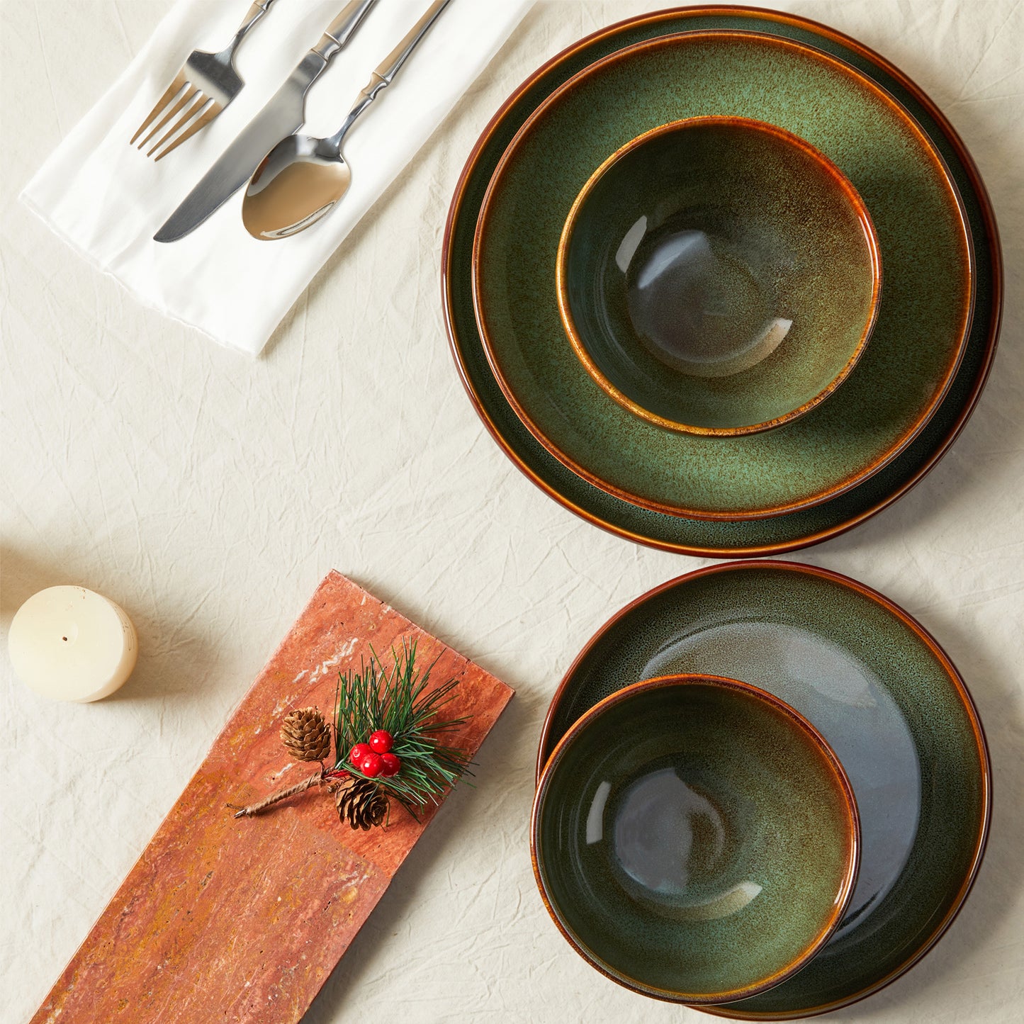 Pokini 24-Piece Stoneware Dinnerware Sets, Plates and Bowls Sets with Double Bowl,Ceramic dish sets service for 6,Brown Green