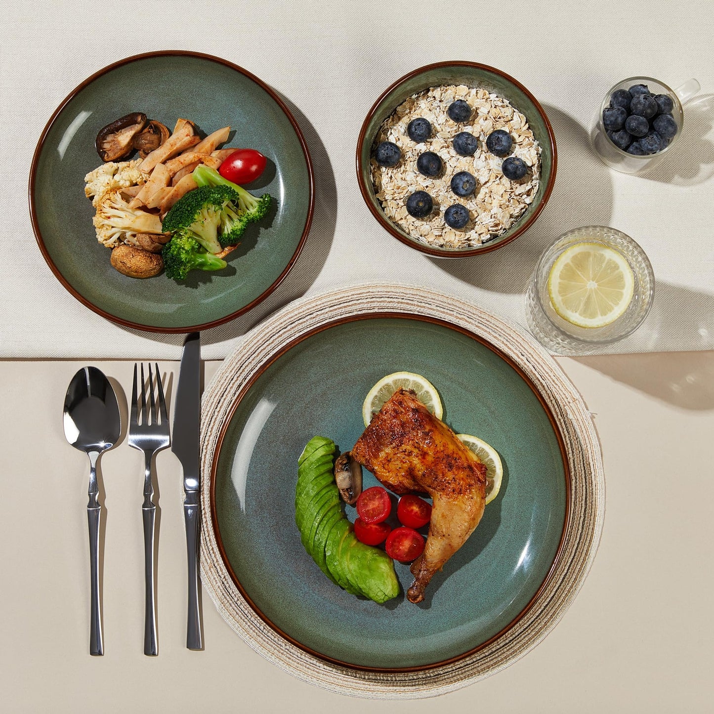 Pokini 36-Piece Stoneware Dinnerware Sets, Plates and Bowls Dish Sets for 12, Brown Green