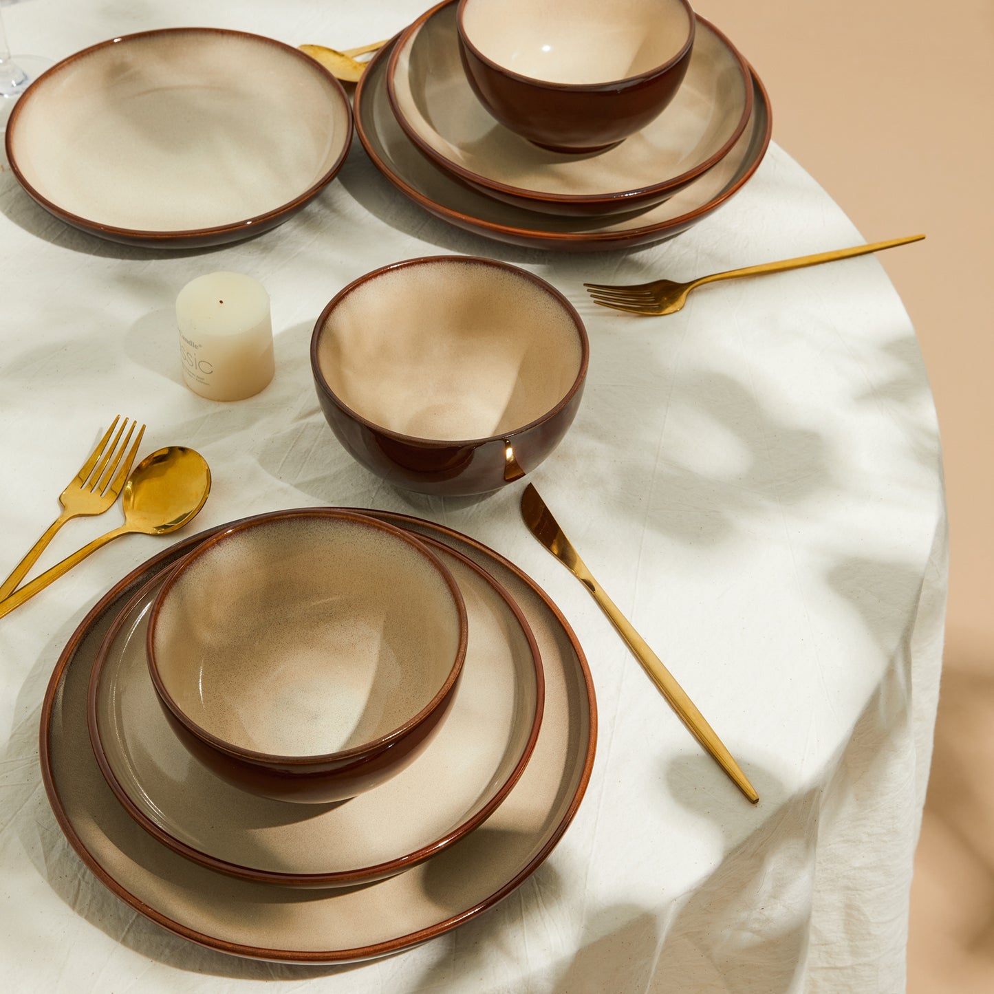 Pokini 24-Piece Stoneware Dinnerware Sets, Plates and Bowls Sets with Double Bowl,Ceramic dish sets service for 6,Brown Yellow