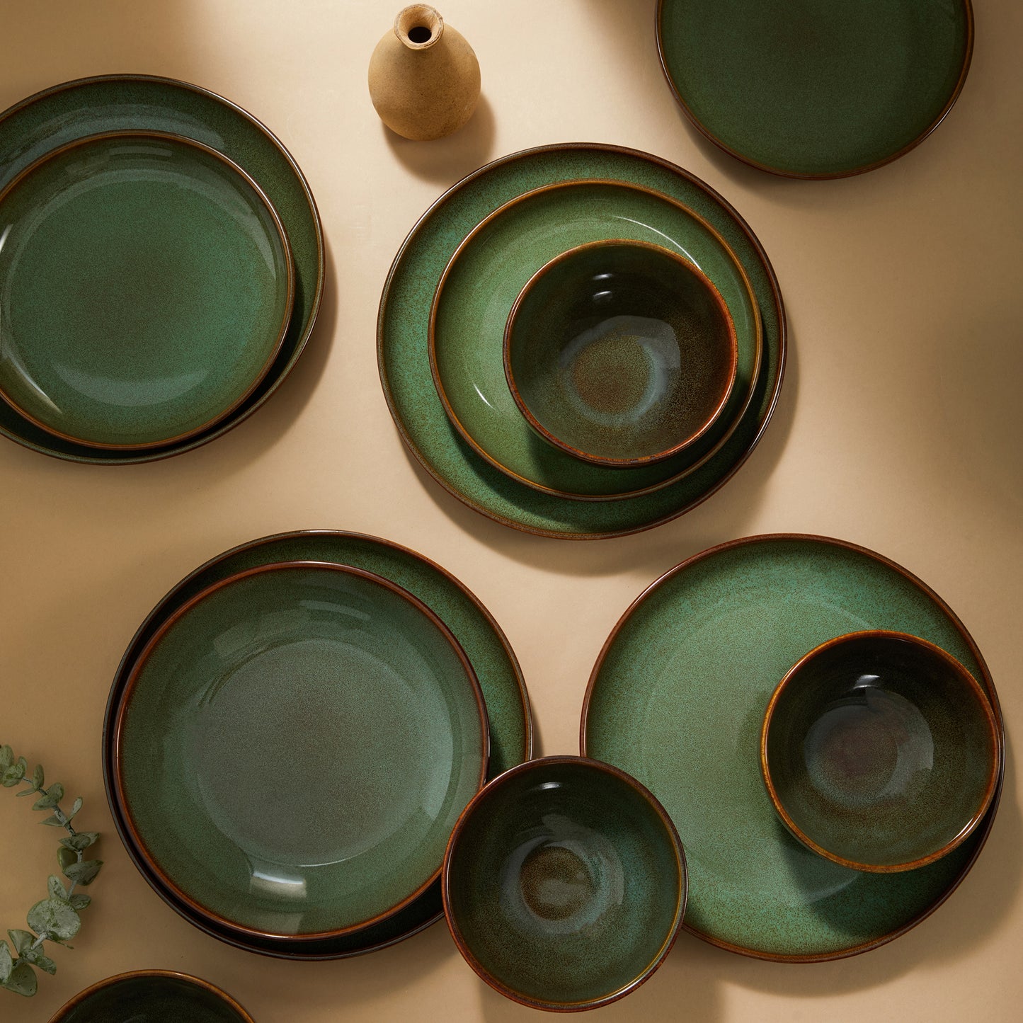 Pokini 16-Piece Stoneware Dinnerware Sets, Plates and Bowls Sets for 4, Dish Sets with Double Bowl,Brown Green