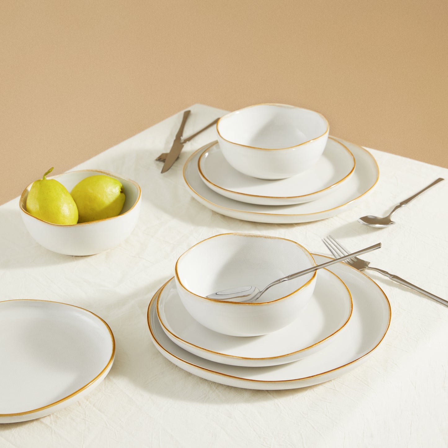 Pokini 12-Piece Stoneware Dinnerware Sets, Kitchen Plates and Bowls Sets, Dish Sets for 4,White