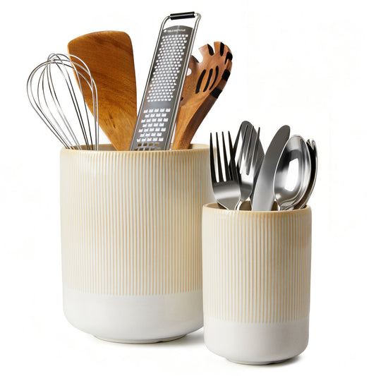 Pokini Utensil Holder, 7.3"+5.3" Ceramic Kitchen Utensil Holder for Countertop, Cooking Utensil Holder for Kitchen Counter, Kitchen Utensil Organizer Utensil Crocks, Modern Farmhouse Decor, Beige