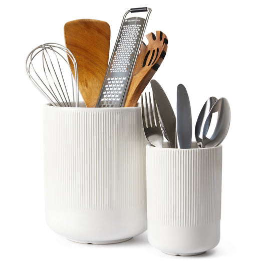 Pokini Utensil Holder, 7.3"+5.3" Large Ceramic Kitchen Utensil Holder for Countertop, Cooking Utensil Holder for Kitchen Counter Decor, Modern Kitchen Utensils Holder, Bright White