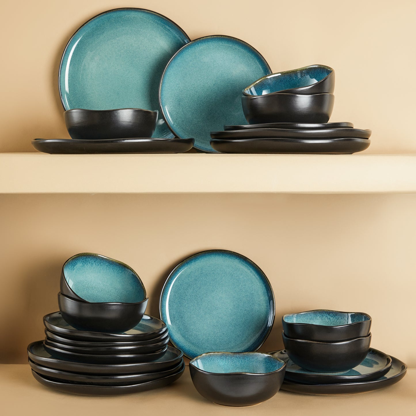 Pokini 18-Piece Stoneware Dinnerware Sets, Kitchen Plates and Bowls Sets, Dish Sets service for 6,Green Black