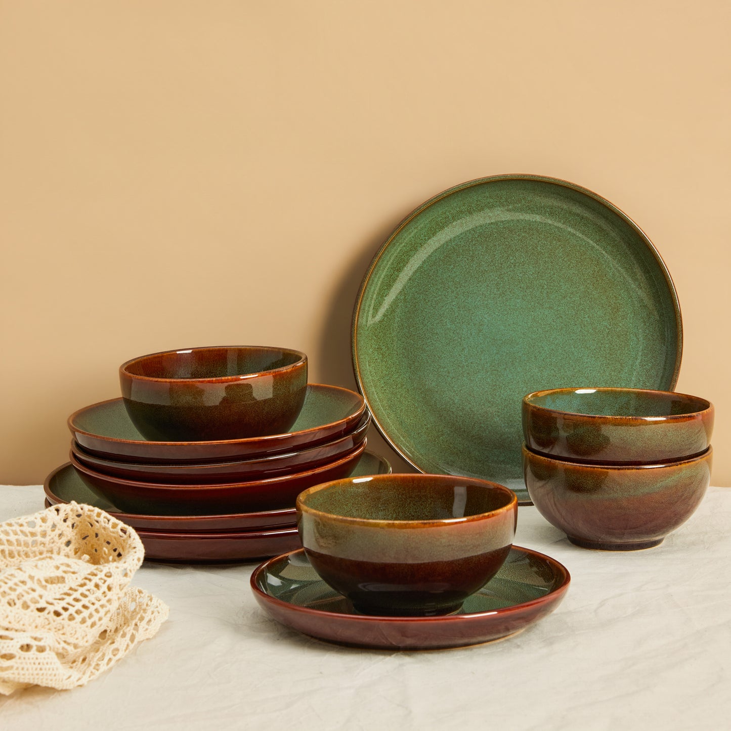 Pokini 24-Piece Stoneware Dinnerware Sets, Plates and Bowls Sets with Double Bowl,Ceramic dish sets service for 6,Brown Green