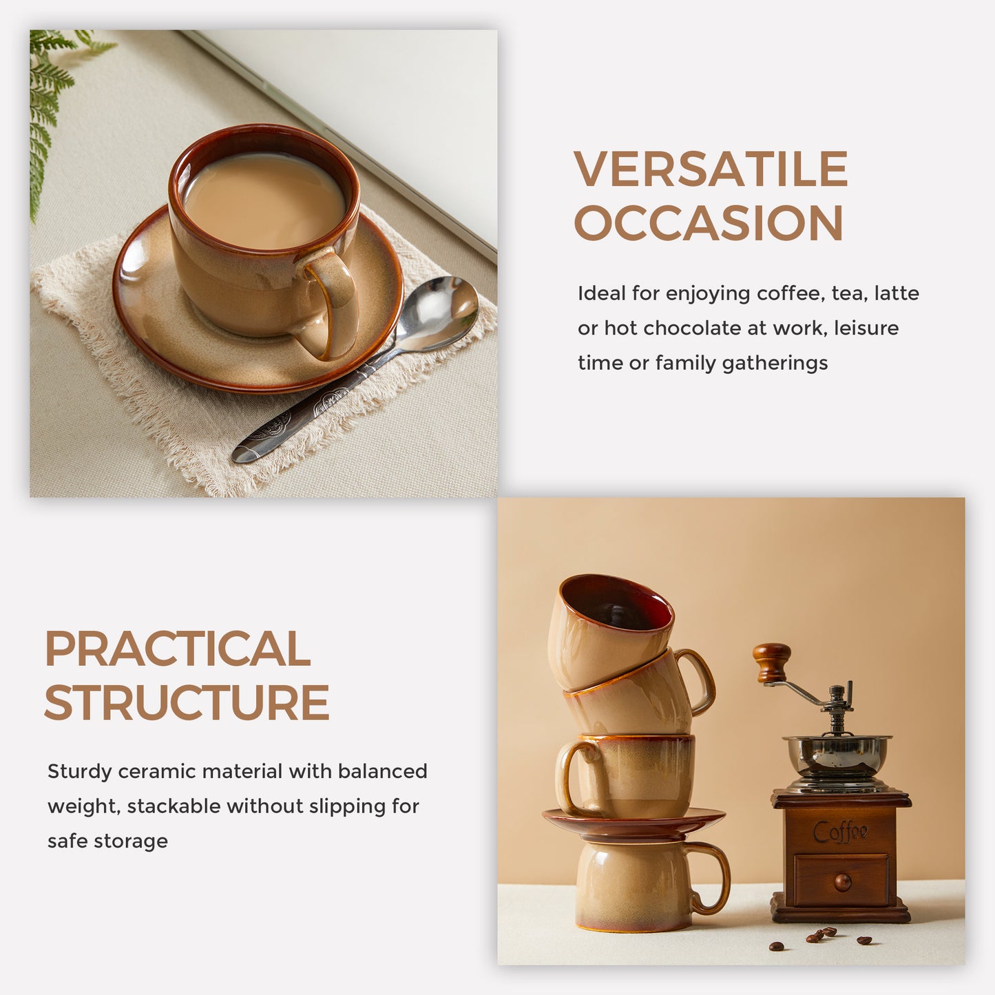 Pokini Stoneware Coffee Cups with Saucers, 6 Oz Cappuccino Cups Set of 4