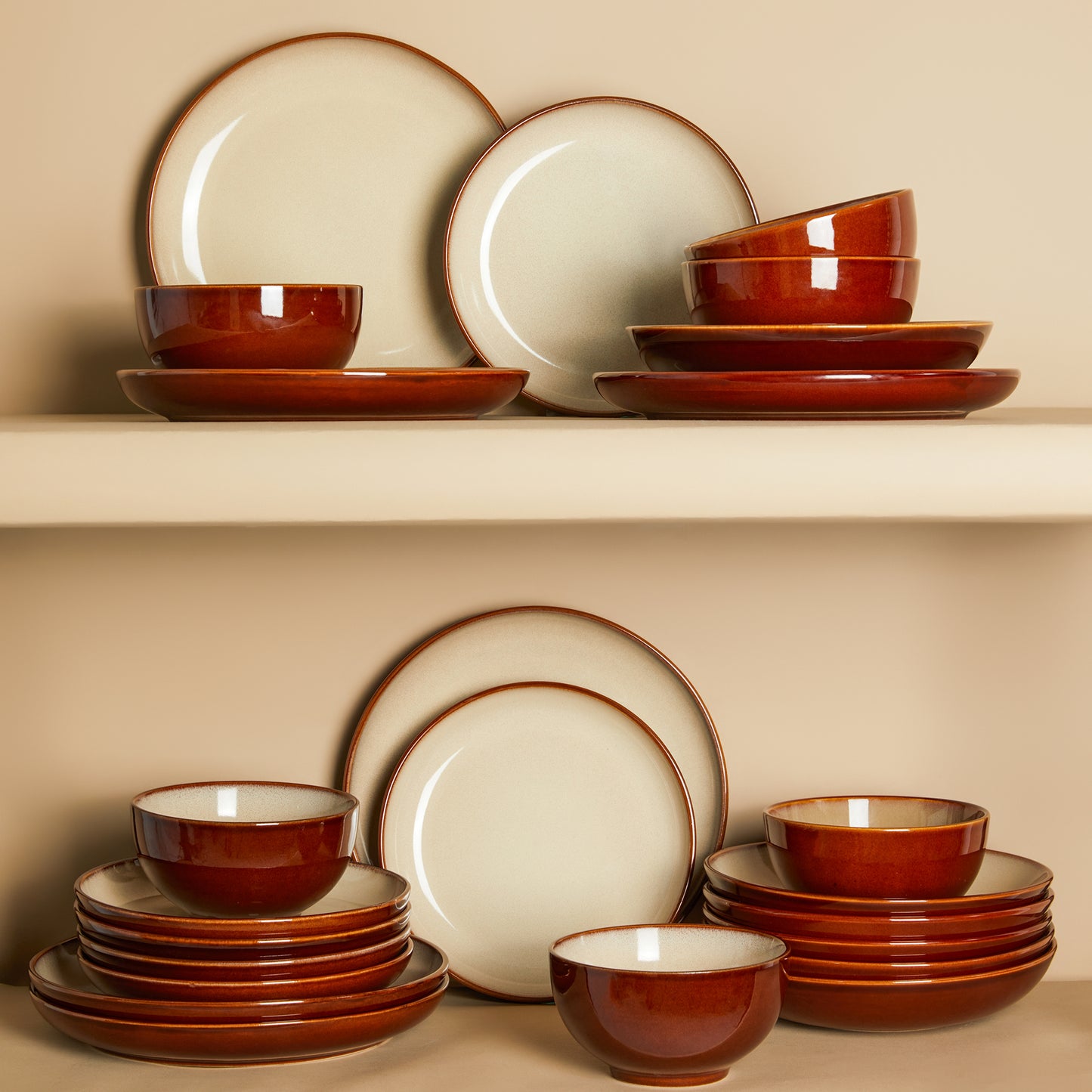 Pokini 24-Piece Stoneware Dinnerware Sets, Plates and Bowls Sets with Double Bowl,Ceramic dish sets service for 6,Brown Yellow