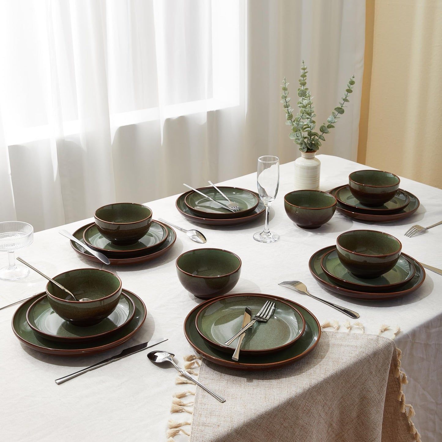 Pokini 36-Piece Stoneware Dinnerware Sets, Plates and Bowls Dish Sets for 12, Brown Green