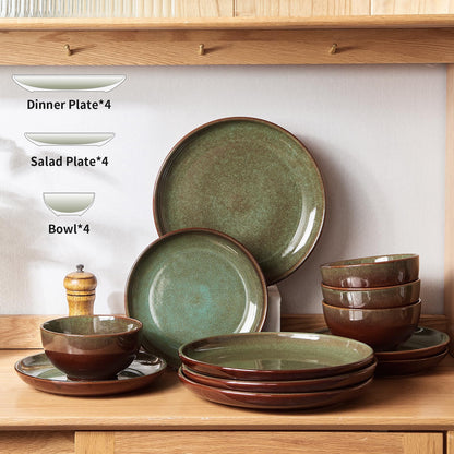 Pokini 12-Piece Stoneware Dinnerware Sets, Plates and Bowls Dish Sets for 4, Brown Green