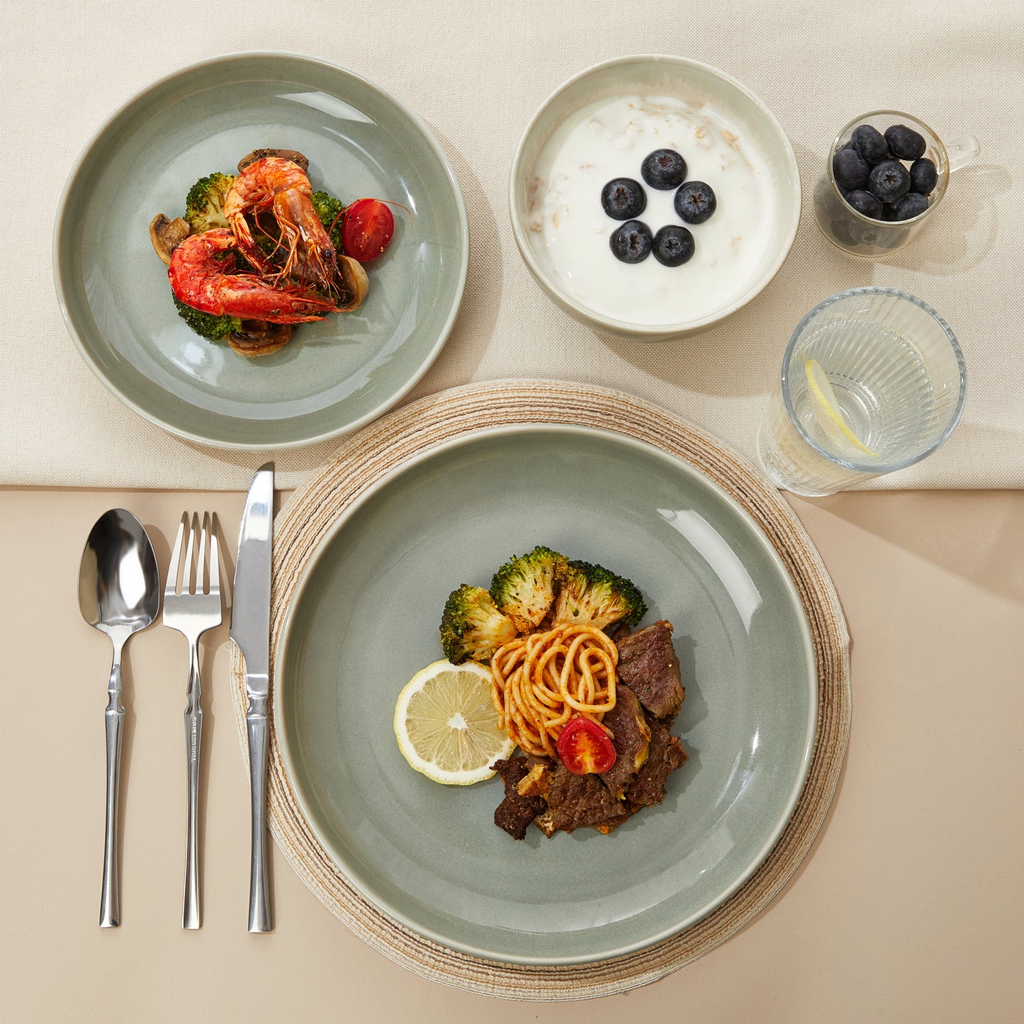 Dinnerware Set for 6, POKINI Ceramic Plates and Bowls Set, 18 PCS Handmade Reactive Glaze Dishes Set, Scratch Resistan Round Dish Sets, Dishwasher & Microwave Safe Stoneware Dinnerware Sets,Grey Green