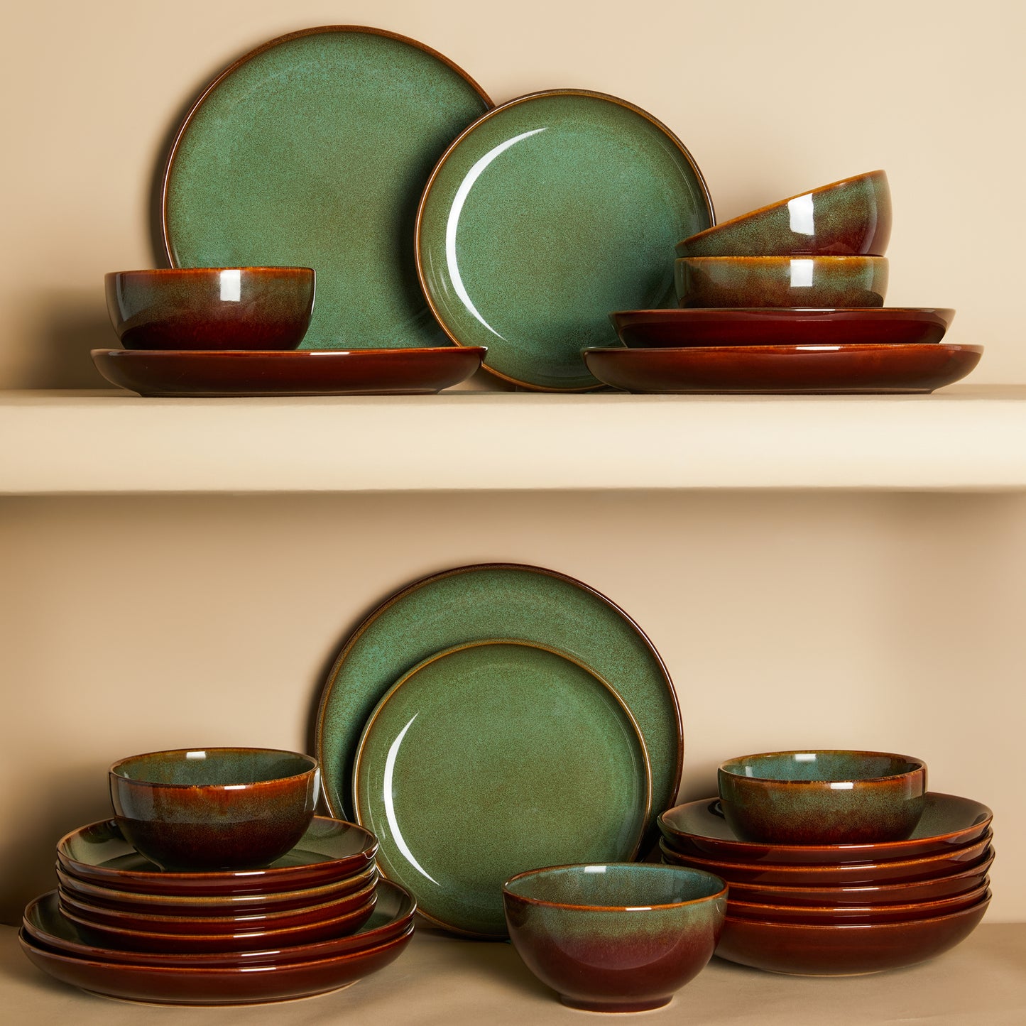 Pokini 24-Piece Stoneware Dinnerware Sets, Plates and Bowls Sets with Double Bowl,Ceramic dish sets service for 6,Brown Green