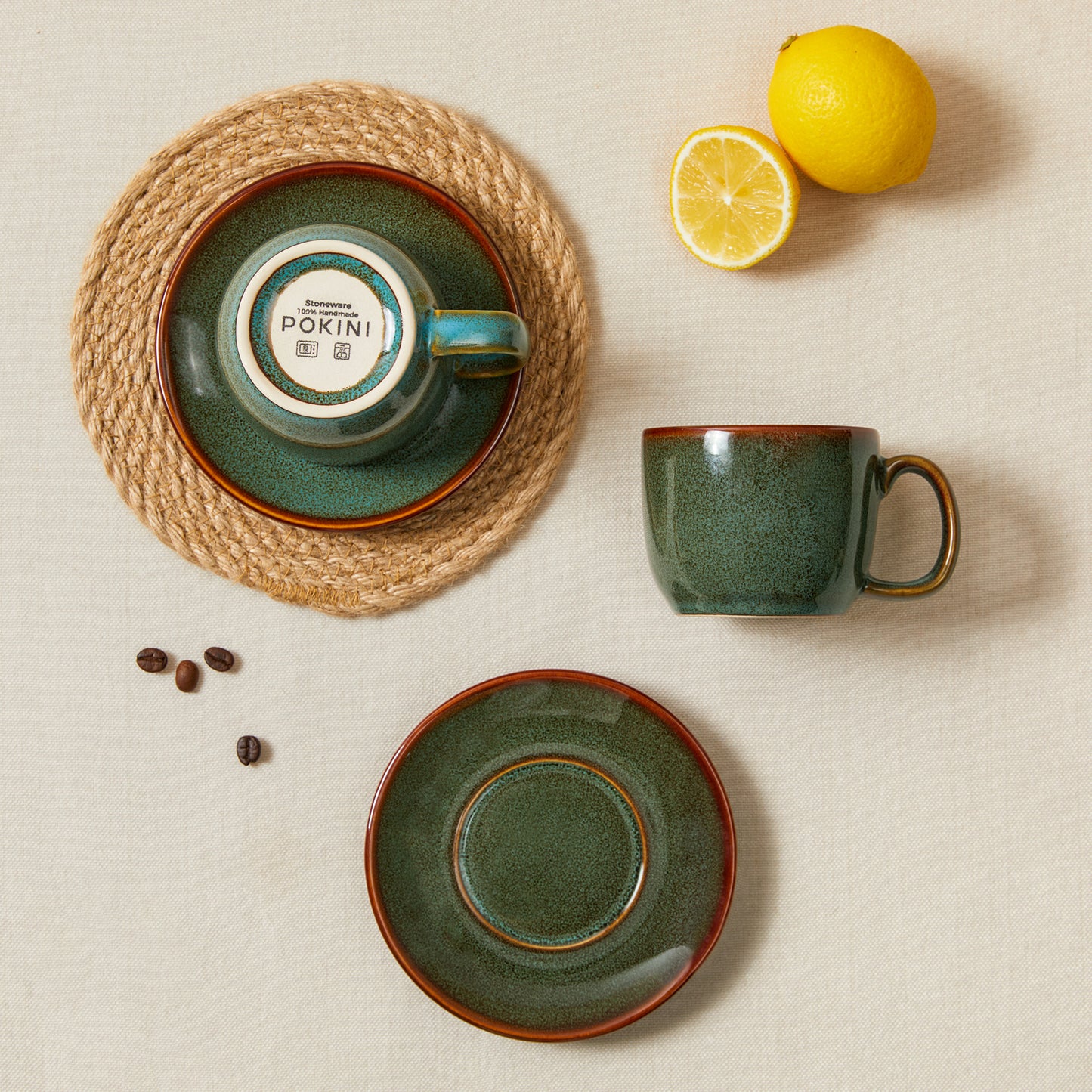 Pokini Stoneware Coffee Cups with Saucers, 6 Oz Cappuccino Cups Set of 4