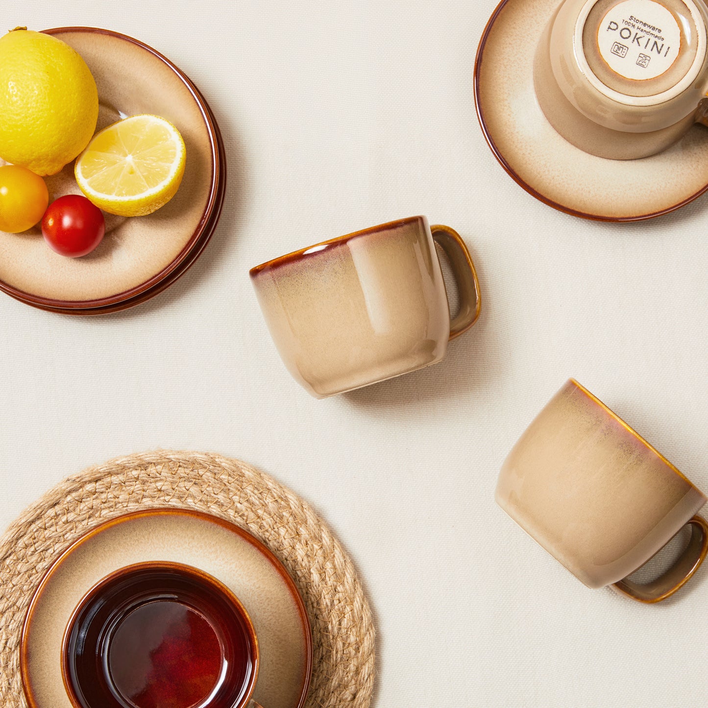 Pokini Stoneware Coffee Cups with Saucers, 6 Oz Cappuccino Cups Set of 4